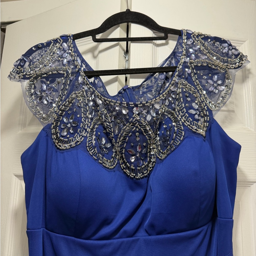 Xscape Royal Blue Dress with Silver Embellished Neckline